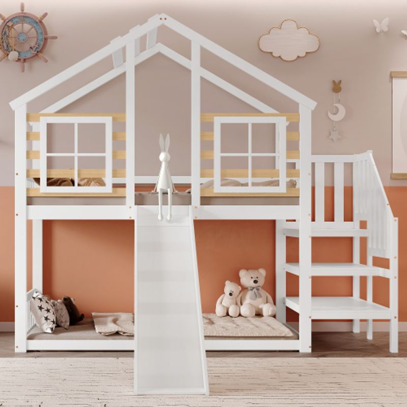 Cama alta tipo casa del árbol para niños con tobogán y escaleras, estructura de madera maciza blanca, barandillas de seguridad y zona de juego abierta, colchón de 90 x 200 cm._voghion.com