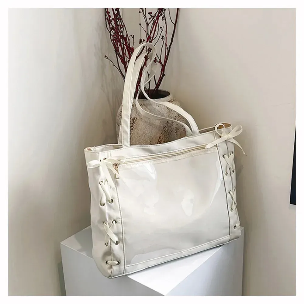 Ballet Style Drawstring Bow Transparent Large Capacity Pain Leisure DIY Decoration Shoulder Bag Student 250421_voghion.com