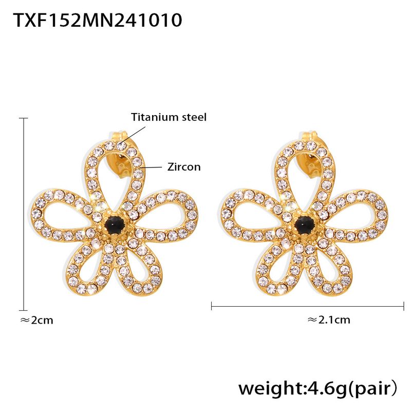 Texture orecchini a forma di fiore in zircone fatti a mano set collana in acciaio al titanio placcato oro vero colore preservante femminile_voghion.com