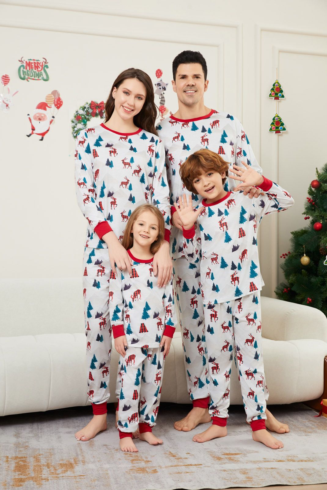 2025 Herbst Winter Weihnachten Neue Eltern Kind Pyjamas Weiß Gedruckt Floral Mode Hause Set_voghion.com