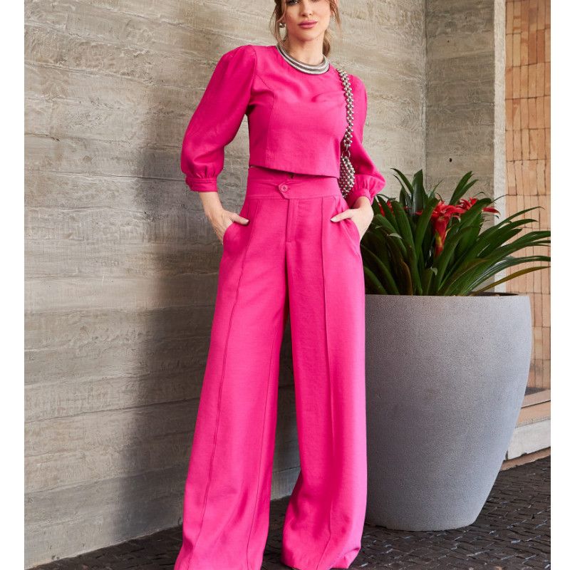 Abbigliamento da donna, nuovo stile, top corti a maniche lunghe, pantaloni a vita alta e gamba larga, set da due pezzi_voghion.com