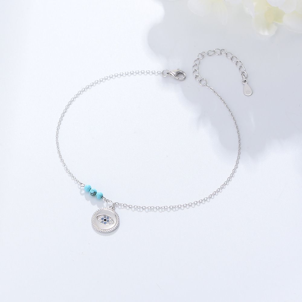 Cavigliera da donna in argento sterling S925 con occhio maligno, diamanti e turchese, elegante catena da spiaggia per i piedi, gioielli da spiaggia per l'estate_voghion.com