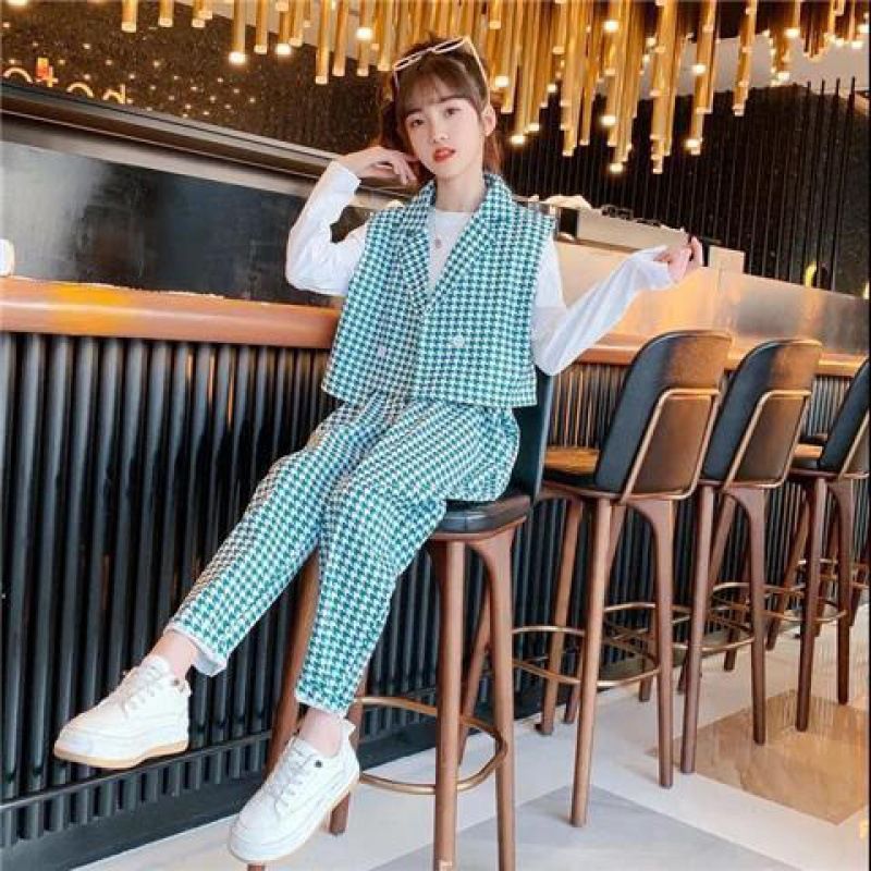 Mother & Kids Girls Spring Suit 2024 New Medium and Large Girls Long Sleeve T-shirt Houndstooth Suit Vest Fashionable Three-piece Suit_voghion.com