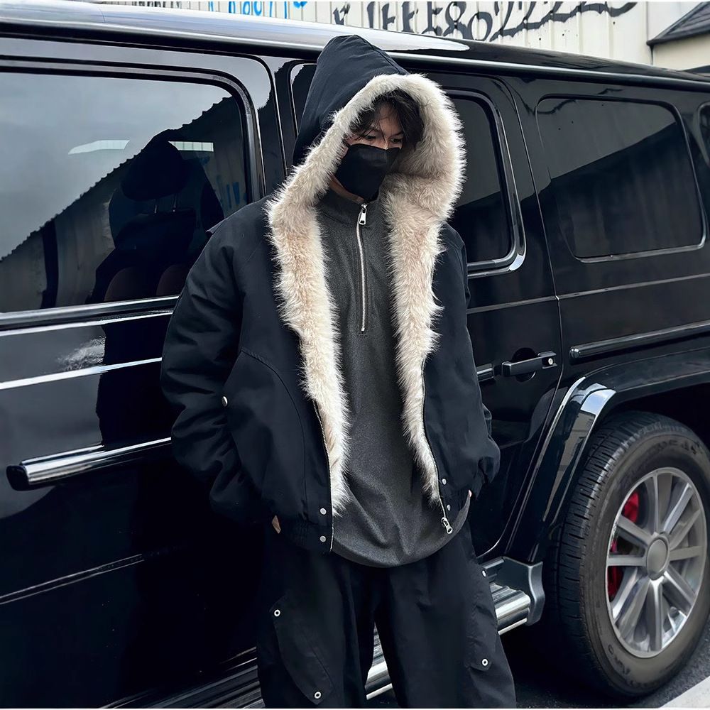 Men's Winter Fleece-Lined Parka With Fur Hood - Thickened Warm Coat For Urban Streetwear (Black, Grey)_voghion.com