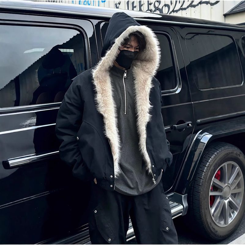 Herren-Winterparka mit Fleecefutter und Pelzkapuze – Verdickter, warmer Mantel für urbane Streetwear (Schwarz, Grau)_voghion.com