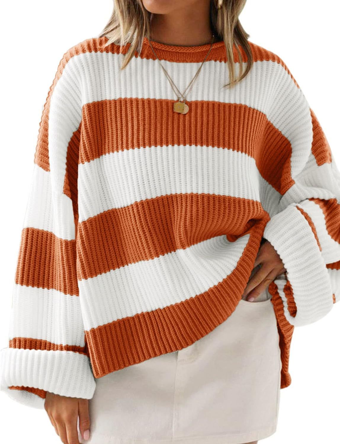 Maglione a righe da donna, a maniche lunghe, vestibilità ampia, girocollo, stile boho, con maniche a campana, in morbido misto rayon, casual, autunno inverno_voghion.com