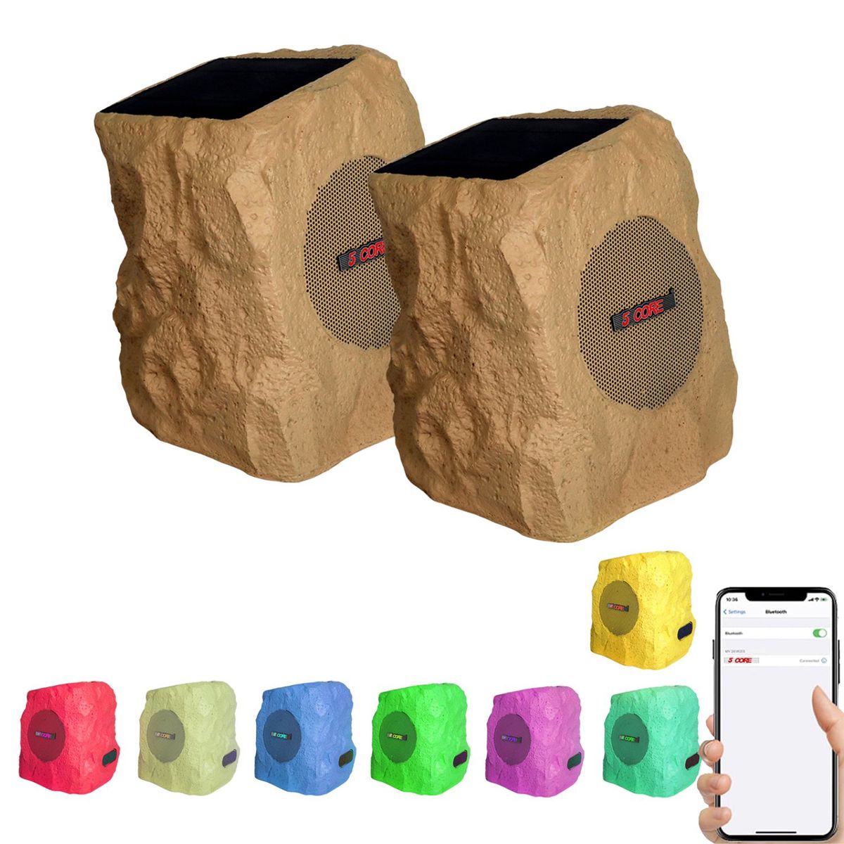 5 Core Rock Speaker Outdoor Waterproof Bluetooth Garden Speakers Solar & USB Charging RGB Colors For Patio Pool & Home_voghion.com