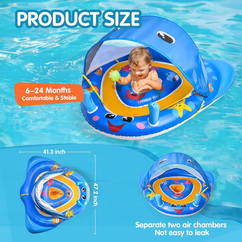 Assento inflável para bebê com guarda-sol e anel para piscina, círculo de natação e natação_voghion.com