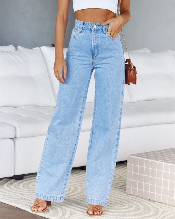 Vêtements pour femmes Pantalons en denim à jambe large élastique Jeans délavés à la mode_voghion.com