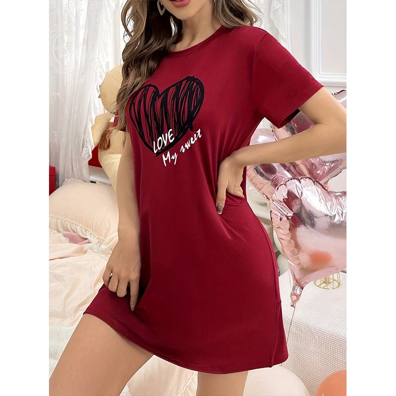 New Summer Nightgown, Home Wear, Thin Design, Short Sleeved, Comfortable, Casual, Fashionable, Printed Heart-shaped Vest_voghion.com