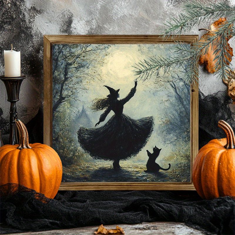 "8x8" Vintage Witch & Cat Wood Sign - Moonlit Halloween Wall Art W/ Misty Forest | Perfect For Home, Office & Parties_voghion.com