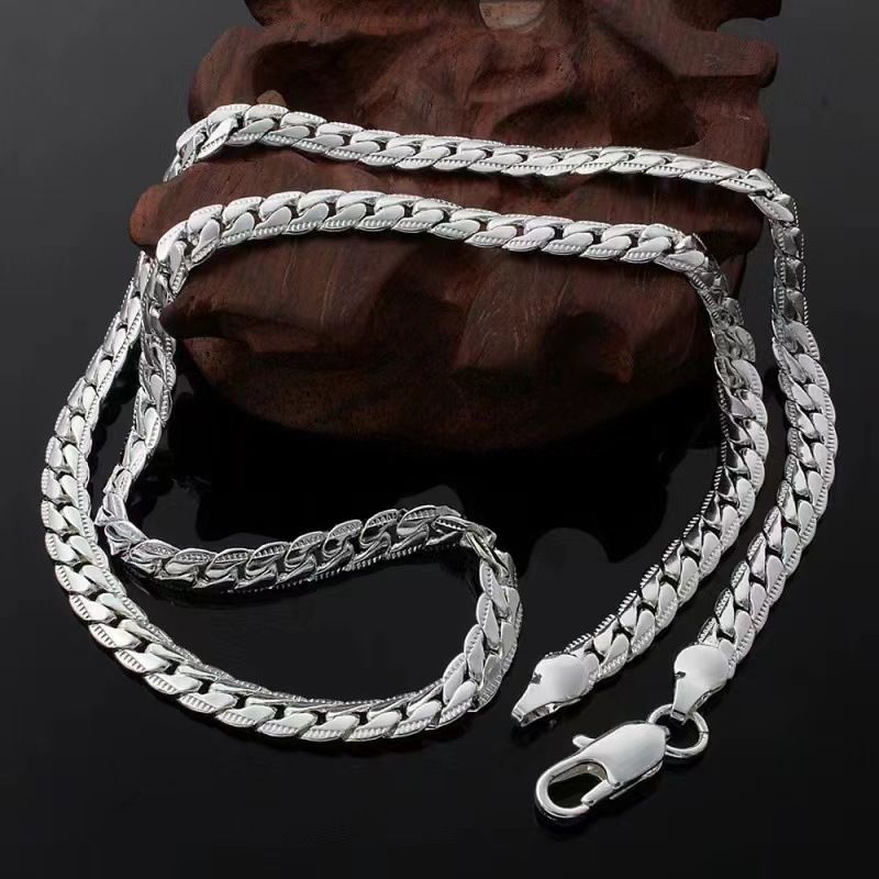 Catena a ferro di cavallo placcata in argento da 50 cm, catena laterale da 60 mm, catena leggera di lusso con osso di serpente in rilievo criptato_voghion.com