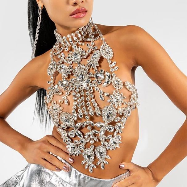Neue blumenförmige Strass-Brust Sexy Dance Party Luxuriöses Hals-Hänge-Accessoire Damen-Körperkette_voghion.com