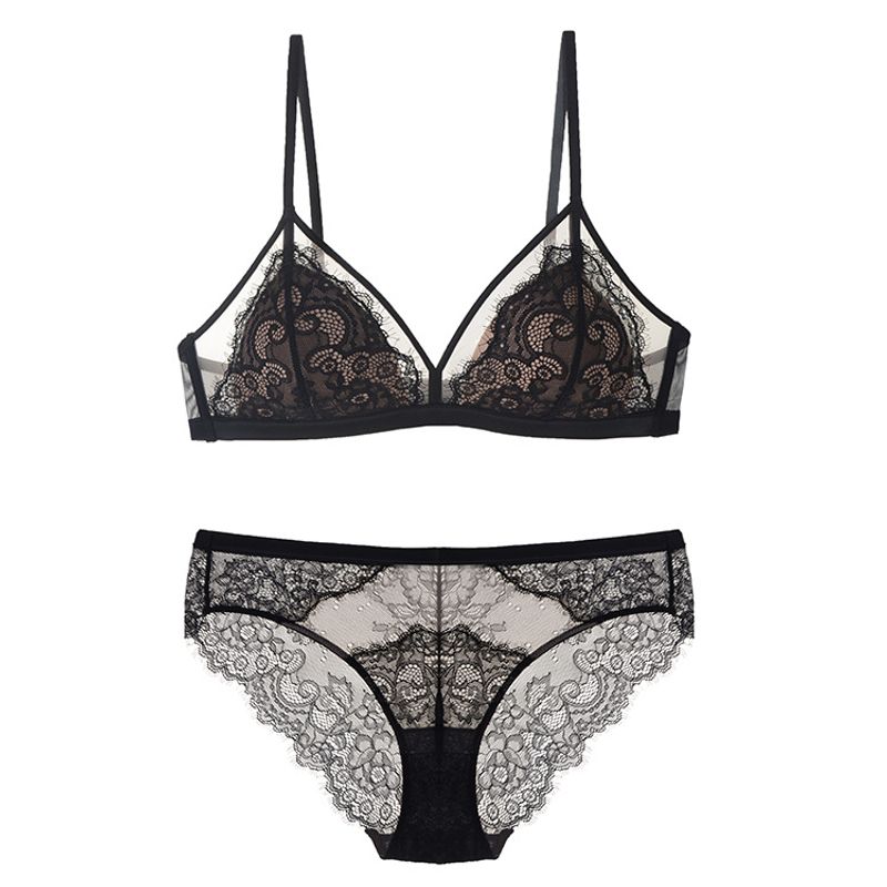 Sexy Eyelash Lace Triangle Bra Set Mesh Patchwork Lightly Lined Wireless Small Breasts Bra Panty Set Underwear Women_voghion.com