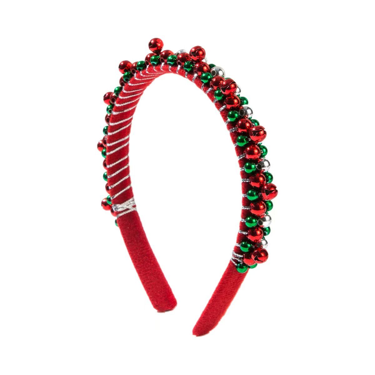 Lillian New Red Green Christmas Headband For Women, Thin Edge Velvet With Bells And Beads, Simple Festive Hair Accessory_voghion.com
