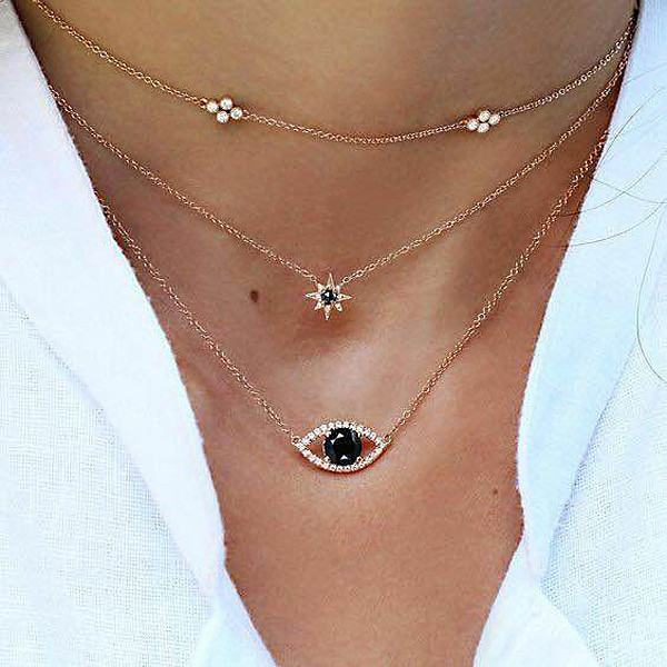 Collier multicouche pour femme, chaîne longue, pendentif en forme d'œil turc, colliers tendance, étoiles en cristal, gouttelettes d'eau_voghion.com