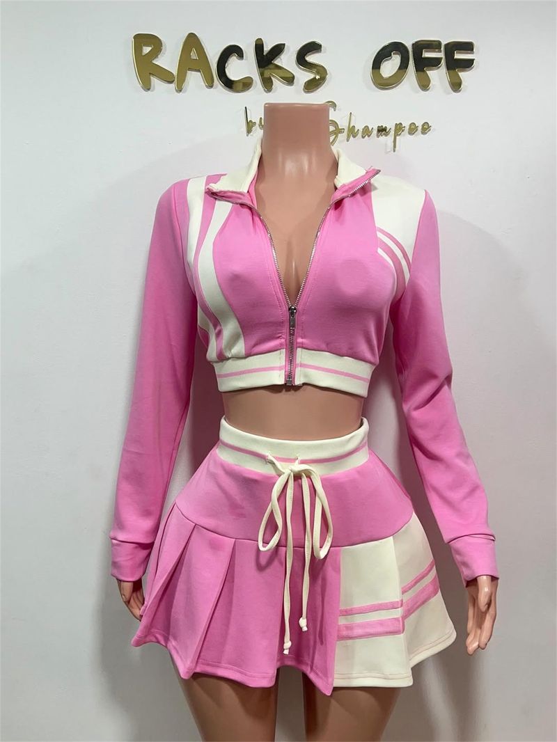 2025 Frühling Damen Street Style Color Block Jacke Top und Mode Kurzer Rock Zweiteiliges Set für Frauen_voghion.com