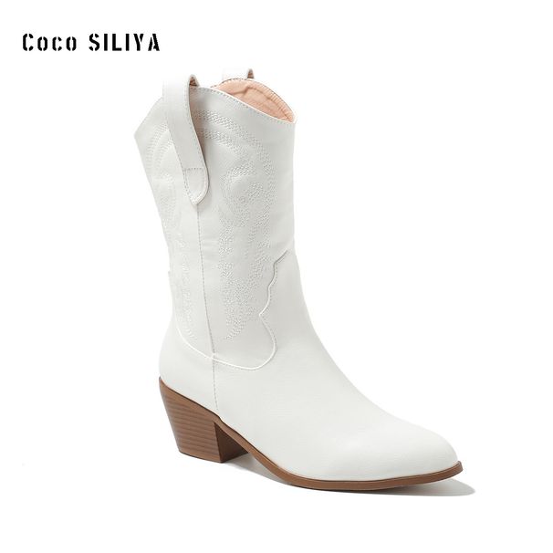 Vintage Pink Cowboy Boots For Women - Pointed Toe Embroidered Mid-Calf Boots With Chunky Heel (Wide Width Available)_voghion.com