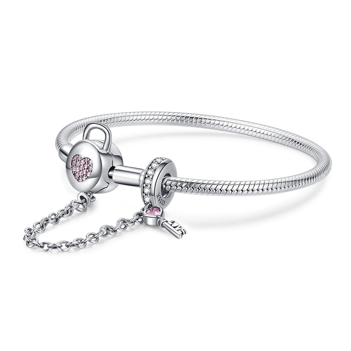 Bracciale base con chiave a cuore, bracciale in argento sterling 925 per donna, compatibile con la maggior parte delle perline con ciondolo_voghion.com