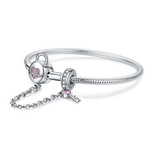 Bracciale base con chiave a cuore, bracciale in argento sterling 925 per donna, compatibile con la maggior parte delle perline con ciondolo_voghion.com