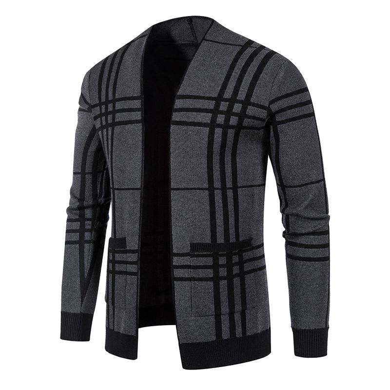 autumn and winter men's plaid sweater Korean version color block youth casual long-sleeved cardigan sweater jacket for men_voghion.com