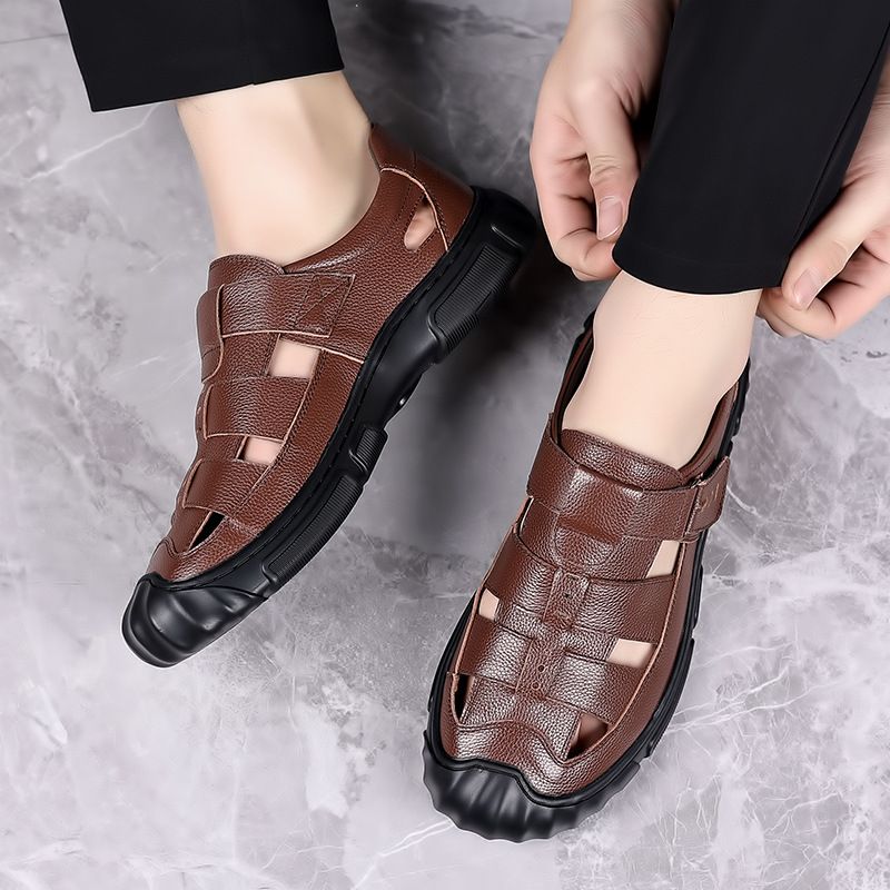Men's sandals, genuine new casual shoes, versatile for men in summer, leather, soft sole, non slip, dad's hollowed out_voghion.com