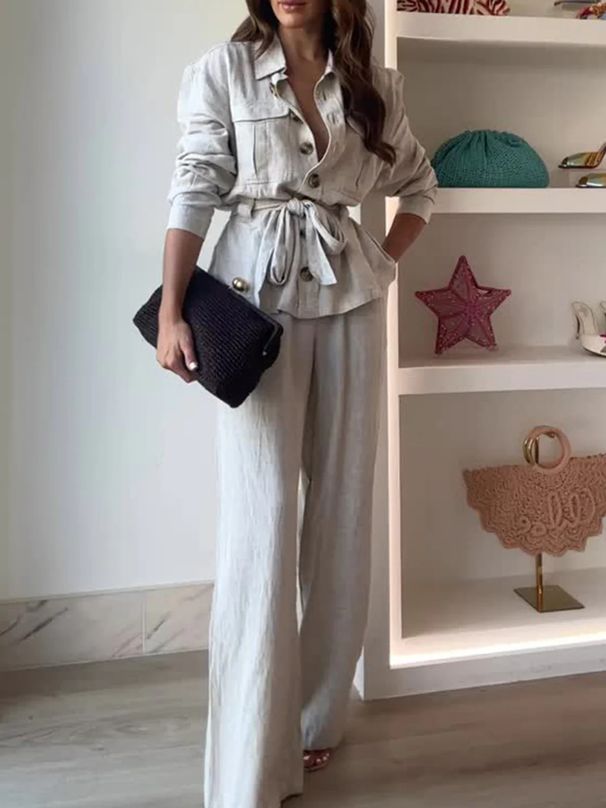 Zweiteiliges Outfit für Damen: Langarm-Hemd mit Button-Down-Kragen und Hose mit weitem Bein – lässiger, bequemer Anzug in reiner Farbe_voghion.com