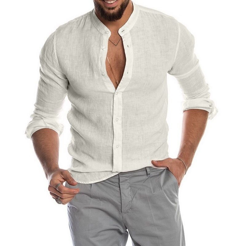 Cotton Line Hot Sale Men's Long-Sleeved Shirts Summer Solid Color Stand-Up Collar Casual Beach Style Plus Size