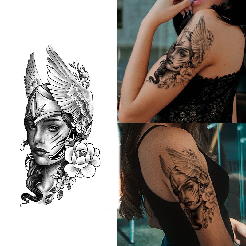 Pegatina temporal no reflectante resistente al agua con diseño de guerrera para arte corporal, tatuaje para brazo de niña, que dura 15 días_voghion.com