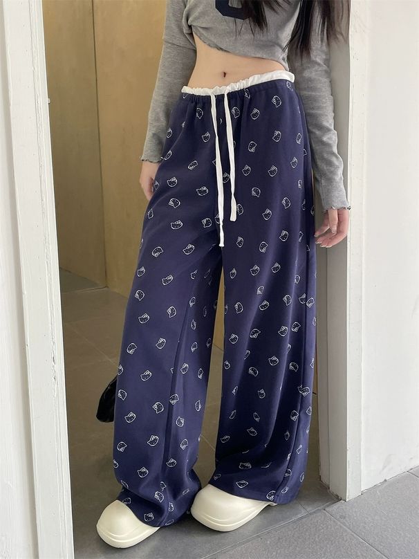1509 # 2024 Podzimní potištěné sestřihové široké ležérní kalhoty pro ženy, lenošné a relaxační na podzim, rovné kalhoty, dlouhé kalhoty_voghion.com