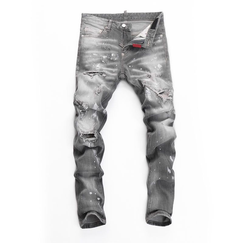 Men's Clothing High Street Fashion New Gray Ripped Patch Slim Fit Slim Fit Trendy Brand Youth Casual Men's Denim Trousers_voghion.com