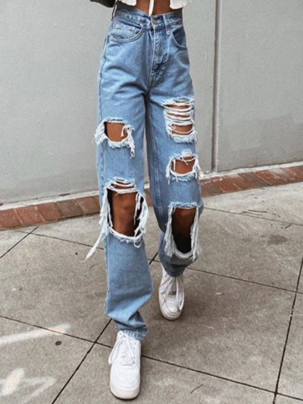 Damenbekleidung Zerrissene, dünne Jeans mit weitem Bein für Damen_voghion.com