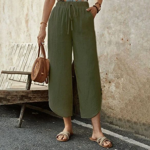 Women's High Waist Wide Leg Pants - Casual Summer Linen Blend Elastic Waist Straight Leg Trousers_voghion.com