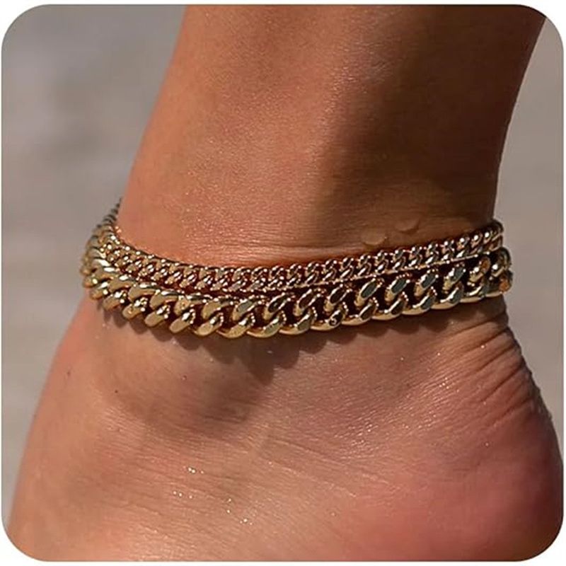 New Style Personality Jewelry Women's Gift Layered Double Layer Thick And Thin Cuban Chain Anklet_voghion.com