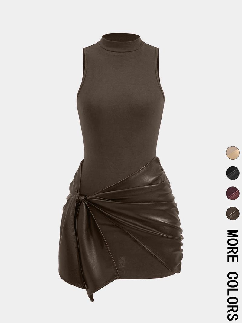 Damenbekleidung Einfarbiges ärmelloses Minikleid mit Krawattendekoration vorne, zweiteiliges Set_voghion.com