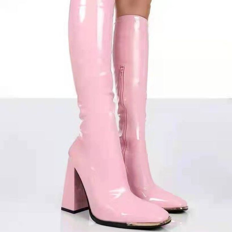 Cowboystiefel für Damen, neue spitze Zehenpartie, dicker Absatz, helle Lederstiefel mit hohem Absatz, lange Stiefel für Damen, seitlicher Reißverschluss, einfarbige Ritterstiefel_voghion.com