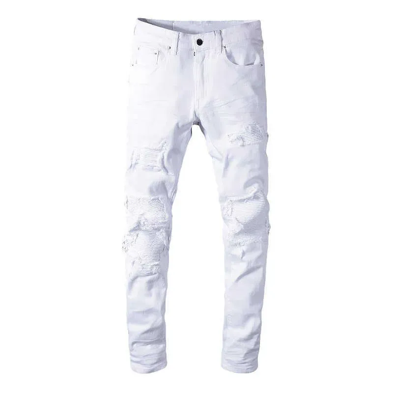 Jeans Sokotoo Jeans biker strappati elasticizzati bianchi da uomo Pantaloni slim in denim patchwork a pieghe skinny T221102_voghion.com