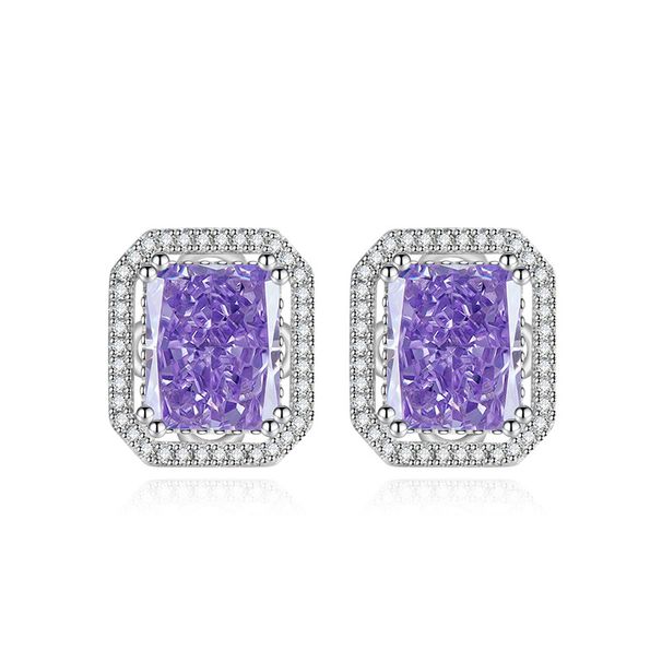 Women's Jewelry Geometric Ice-Cut Stud Earrings With Yellow High-Carbon Diamond And Pink Square Stone, 8x10mm Main Stone, Fashionable & Elegant_voghion.com