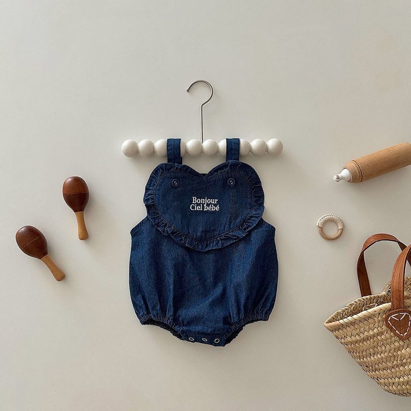 Newborn Baby Cotton Embroidered Denim Romper - Sleeveless Adjustable Straps Unisex Infant Jumpsuit For Spring Summer"_voghion.com