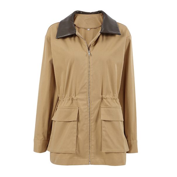 Khaki Autumn And Winter New Stitching Leather Loose Windbreaker Jacket 2025 European And American Fashion Coat Women_voghion.com