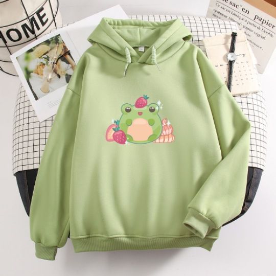2022 Koreaanse stijl Matcha Groene Kikker Leuke Herfst Winter Nieuwe Veelzijdige Persoonlijkheid Print Hoodie Sweatshirt_voghion.com