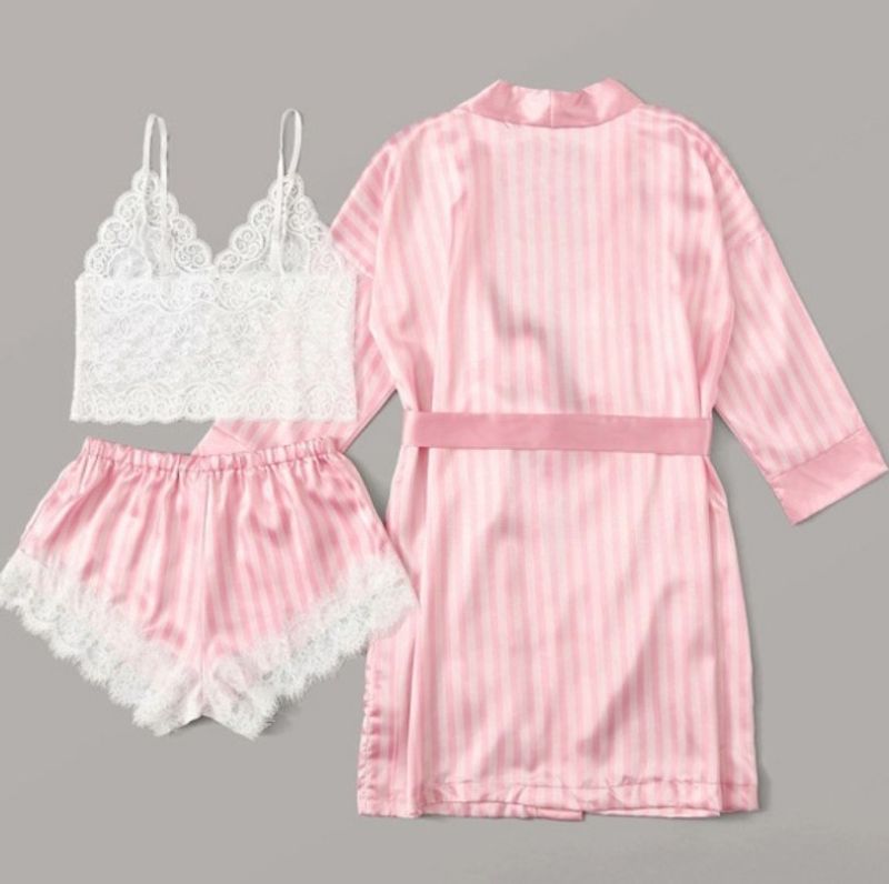 Underwear & Sleepwears Satin Lace Trimmed Babydoll Sleepwear Set Stretchy & Comfortable With Floral Straps Sexy Nightwear (Purple/White, S-XXL)_voghion.com