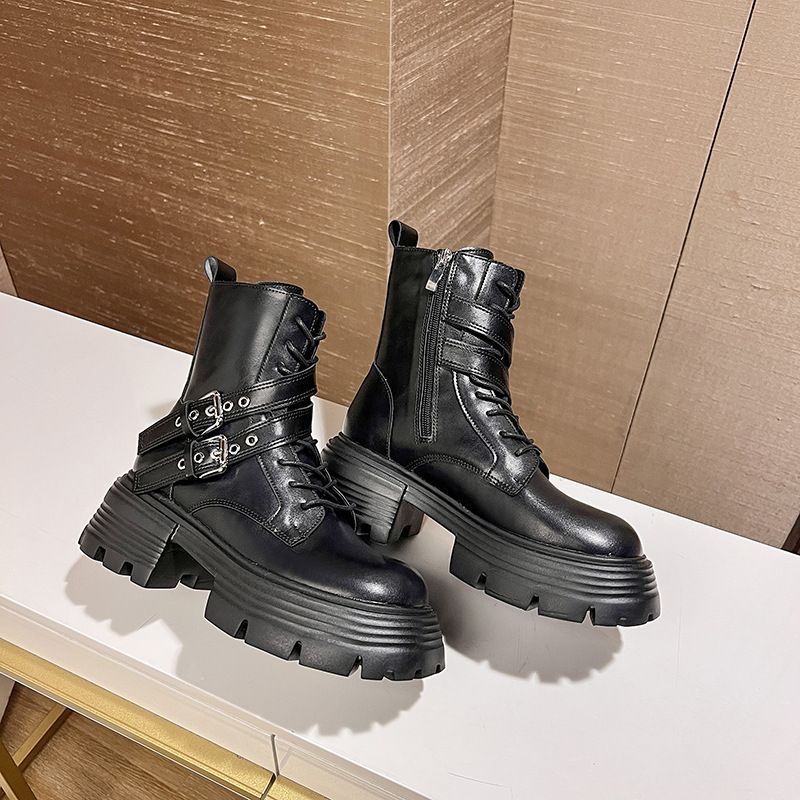 2023 Autumn and Winter New Thick Sole Coarse Heel Knight Mid length Black Small British Martin Short Boots Female_voghion.com