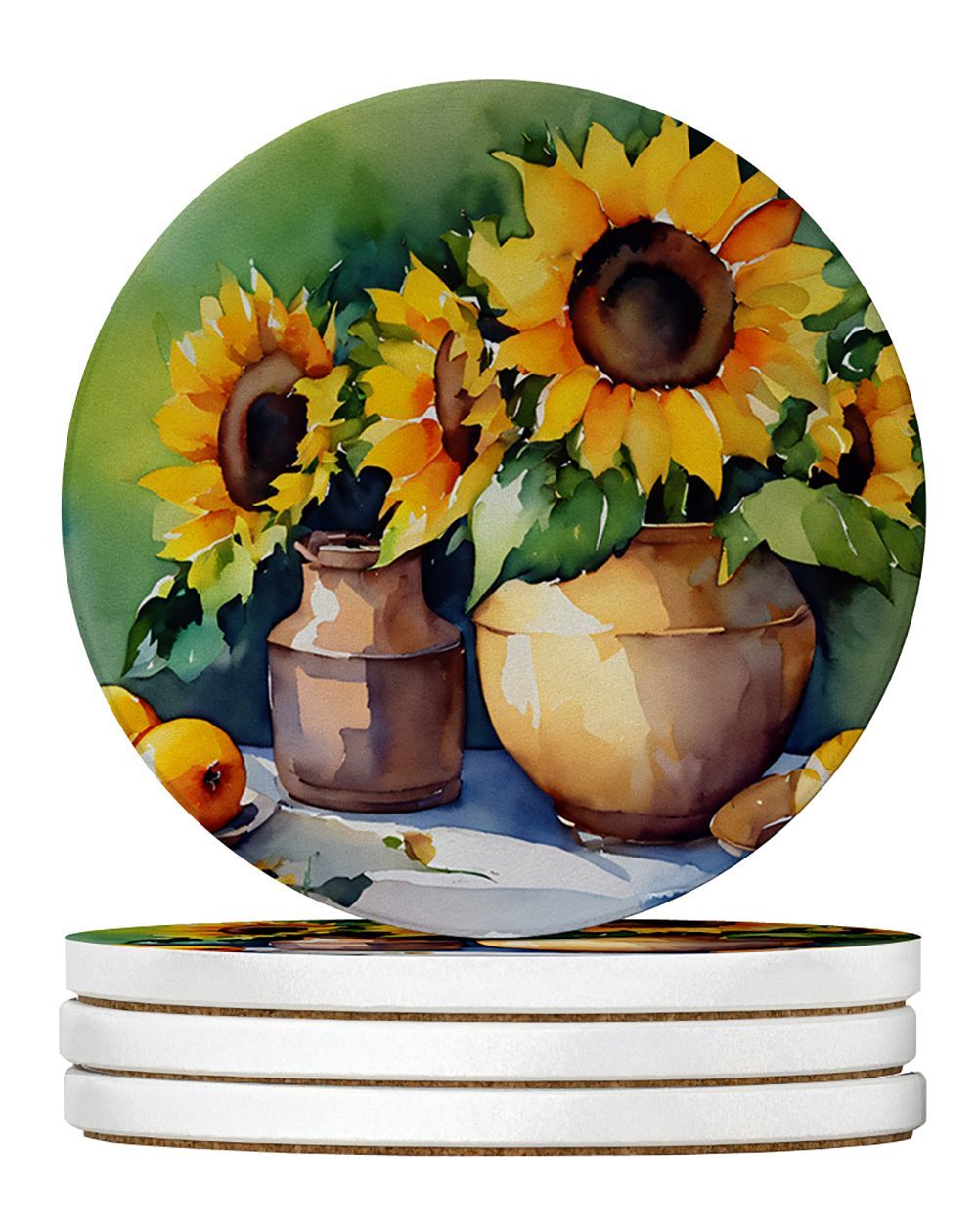 Sunflowers In Watercolor Large Sandstone Coasters Pack Of 4 Absorbent Round Coasters Decor Gifts For Men Or Women, 4 In, Multicolor_voghion.com