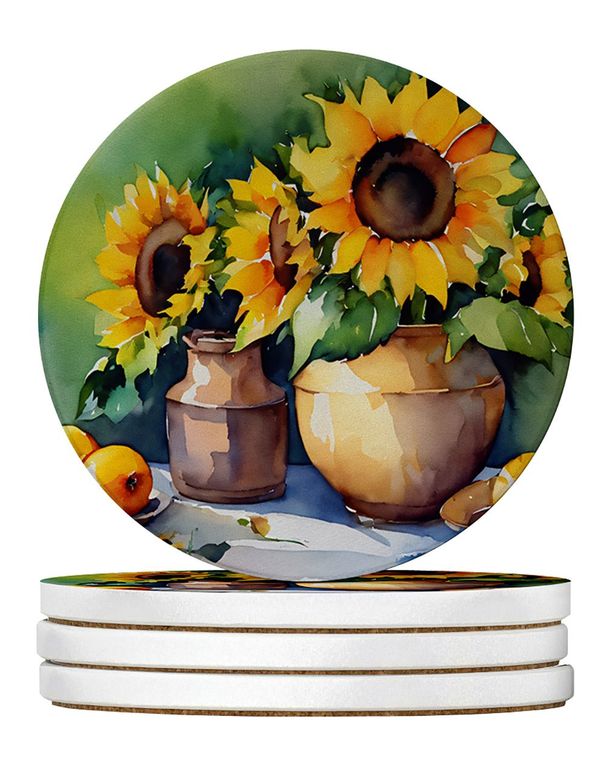 Sunflowers In Watercolor Large Sandstone Coasters Pack Of 4 Absorbent Round Coasters Decor Gifts For Men Or Women, 4 In, Multicolor_voghion.com