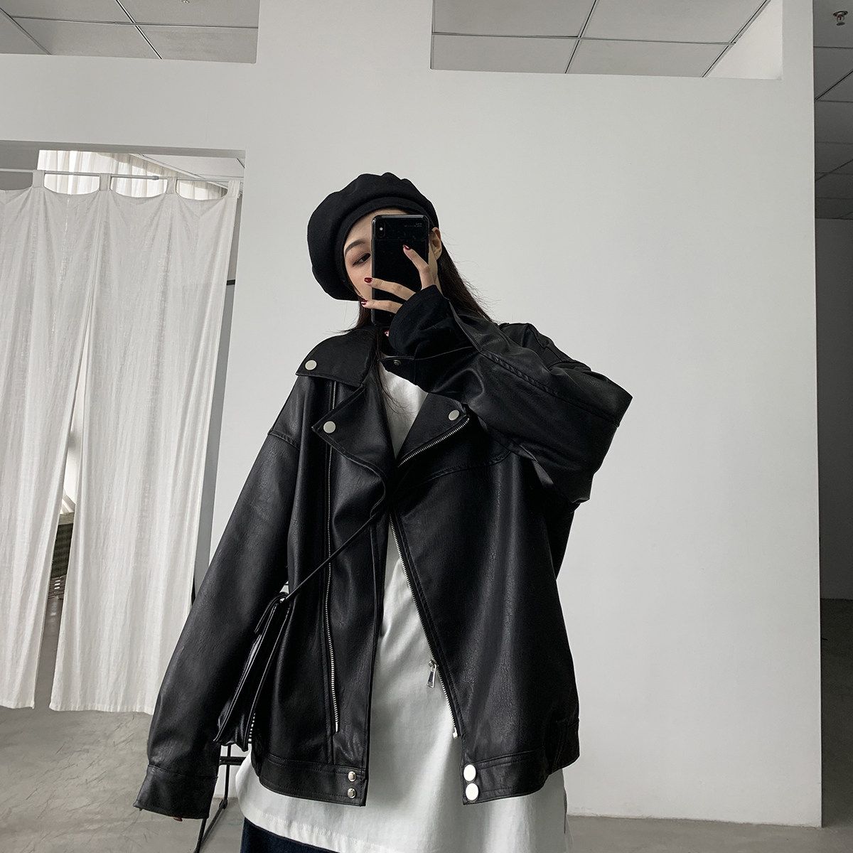 Ladies' loose slimming motorcycle ins college minimalist plus size women's leather jacket versatile student uniform_voghion.com