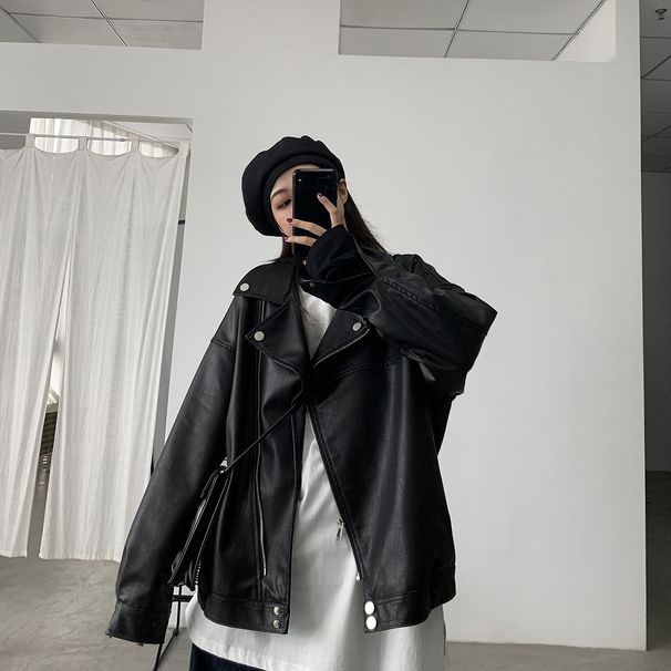 Ladies' loose slimming motorcycle ins college minimalist plus size women's leather jacket versatile student uniform_voghion.com
