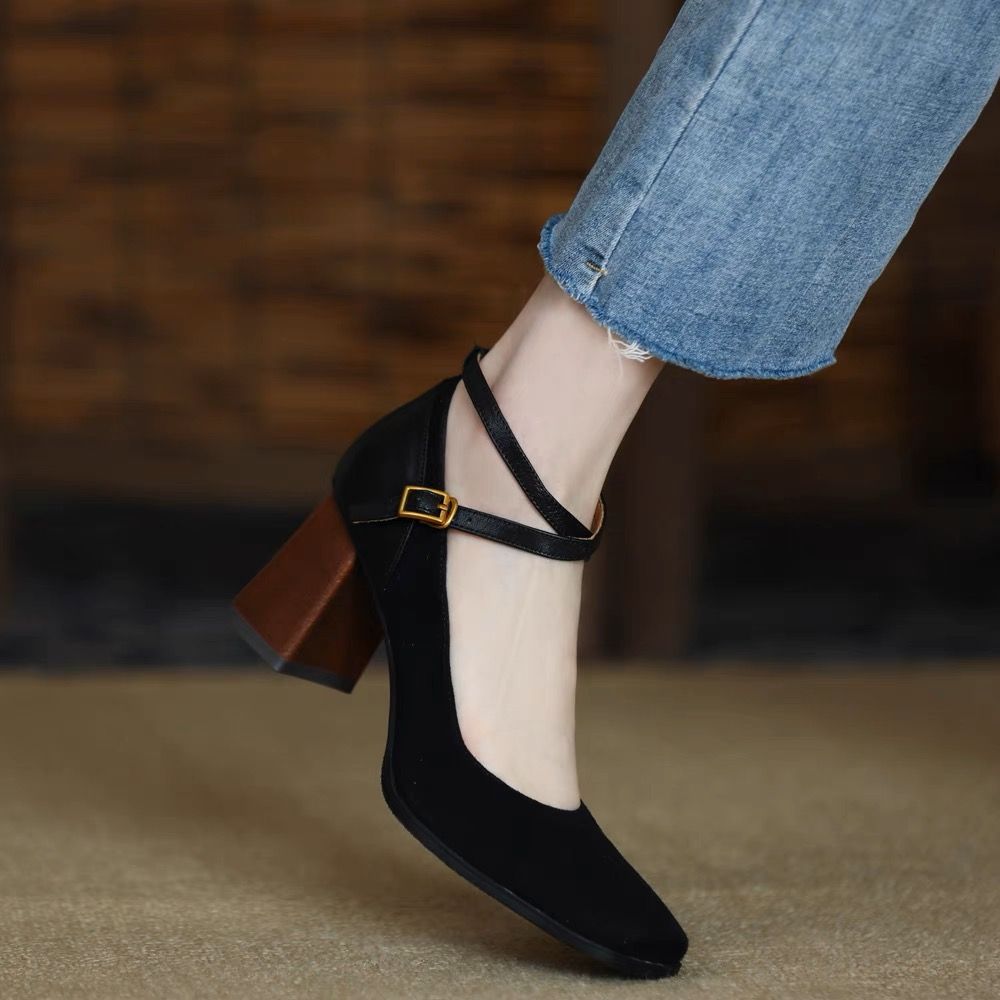 Mary Jane Matte Leather Retro Cross Strap High Heels_voghion.com
