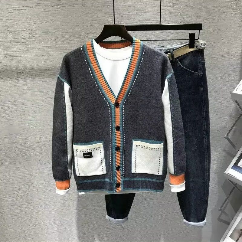 Herretøj Efterårs- og vinterstrikket cardigan V-halsjakke til mænd mode afslappet alsidig knaplomme store størrelser toppe trend_voghion.com
