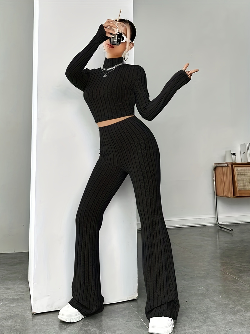 Women's tight fashion solid color pit strip set long sleeve sweater base_voghion.com